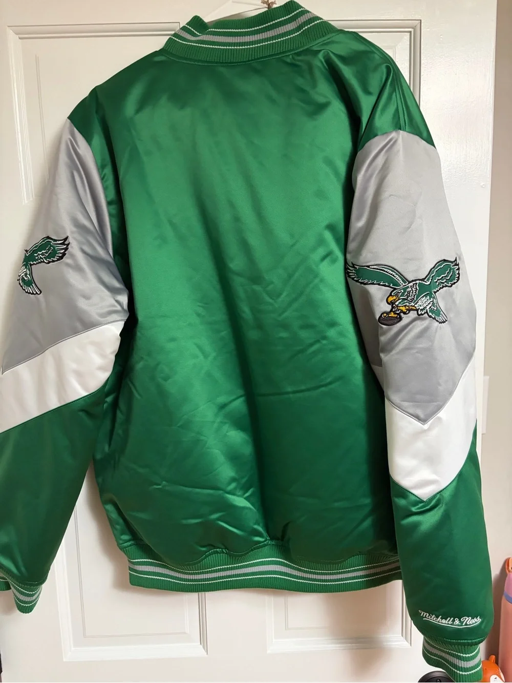 Mitchell and Ness Eagles Satin Bomber Jacket - Green/Gray/White New With Tags